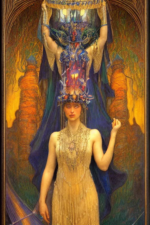 Image similar to queen of twilight with her lantern, by jean delville and Annie Swynnerton and Diego Rivera and Gaston Bussière and Tino Rodriguez , elaborate headdress and embroidered velvet, iridescent beetles, rich color, dramatic cinematic lighting, extremely detailed