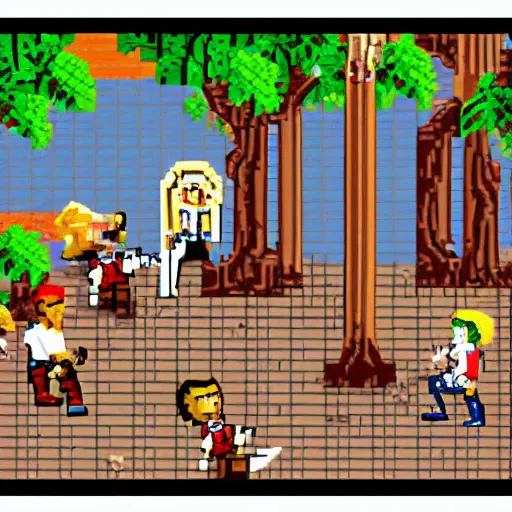 Image similar to monkey island, lucasarts, pixelart, guybrush swordfighting with jack sparrow