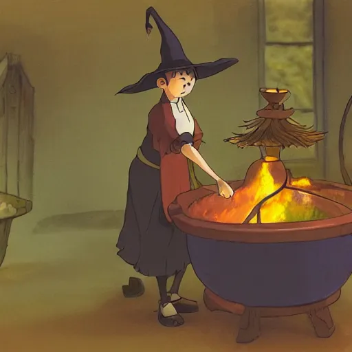 Prompt: a witch adding ingredients to her cauldron, concept art, ambient lighting lit only by the fires glow, studio Ghibli