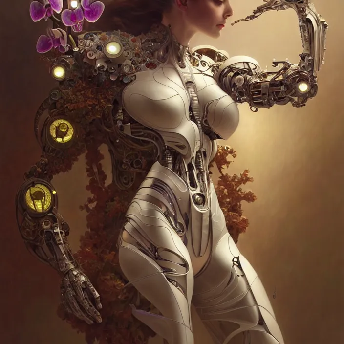 Prompt: organic cyborg, orchid, diffuse lighting, fantasy, intricate, elegant, highly detailed, lifelike, photorealistic, digital painting, artstation, illustration, concept art, smooth, sharp focus, art by John Collier and Albert Aublet and Krenz Cushart and Artem Demura and Alphonse Mucha