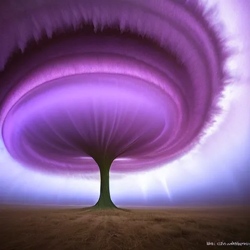 Prompt: amazing landscape photo of a purple tornado in the shape of a vortex by marc adamus, digital art, beautiful dramatic lighting