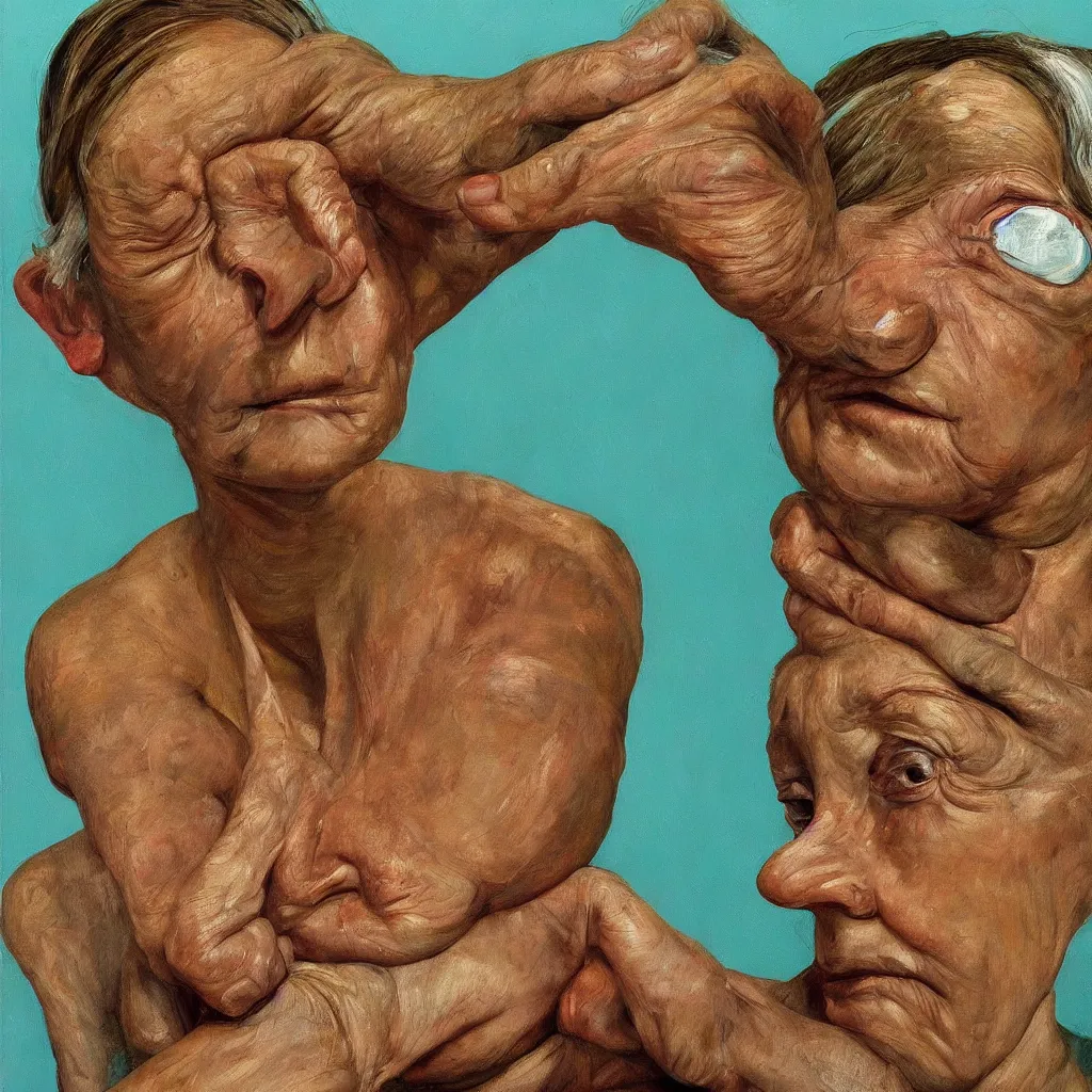 Prompt: high quality high detail painting by lucian freud, jenny savile, unsettling portrait, turquoise, hd