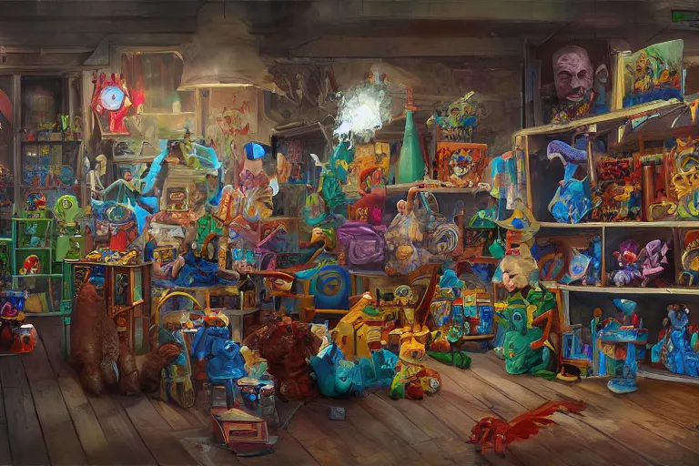 Image similar to painting of a toy store for wizards, magical toys, digital art, trending on artstation