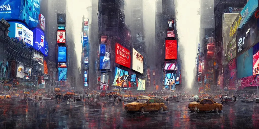 Prompt: a film still of Times Square from Tekkonkinkreet by Ian McQue , muted colour, blues, cold, misty and wet, 50mm lens, video game environment design, 2d game lineart behance hd, dramatic lighting, global illumination, trending on Artstation, bloom