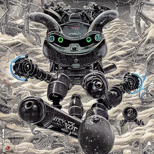 Image similar to dark robotic frog, by yoichi hatakenaka, masamune shirow, josan gonzales and dan mumford, ayami kojima, takato yamamoto, barclay shaw, karol bak