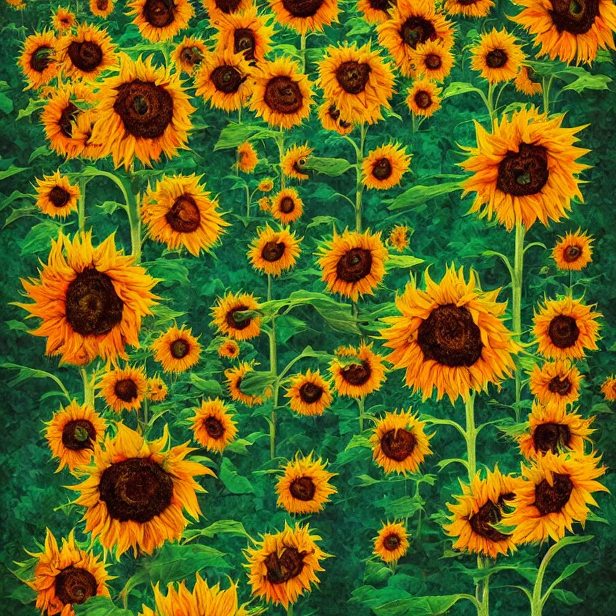 Image similar to Surrealist zombie-sunflowers roaming the world looking for sun rays.