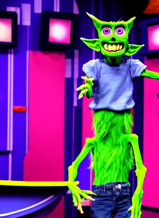 Prompt: creepy scary gangly goblin monster invades the set of a 9 0's childrens tv gameshow, 4 k resolution