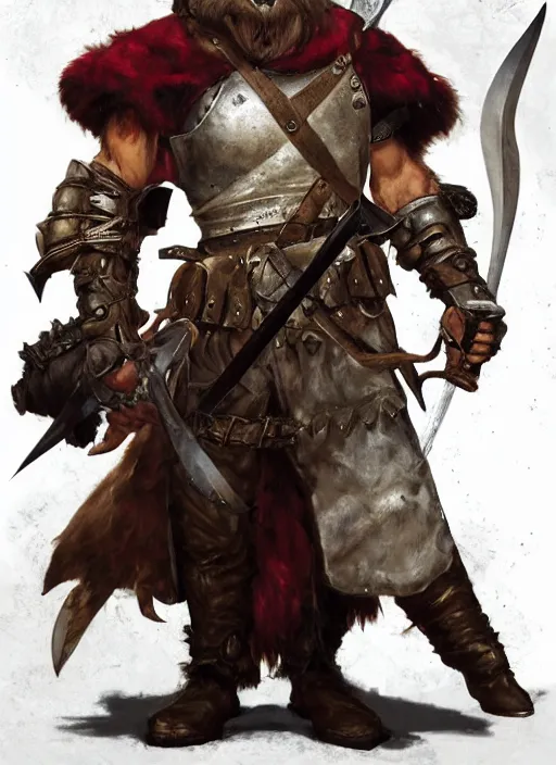 Prompt: strong young man, photorealistic bugbear ranger holding sword, fire magic, black beard, dungeons and dragons, pathfinder, roleplaying game art, hunters gear, jeweled ornate leather and steel armour, concept art, character design on white background, by sargent, norman rockwell, makoto shinkai, kim jung giu, artstation trending, poster art, colours red and green