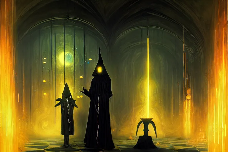 Image similar to a beautiful masterpiece painting of a technomancer wizard in black robes with pointed hood discussing sentience with his synthesized AI djinn in his laboratory filled with computers by Remedios Varo and Anato Finnstark and Greg Rutkowski