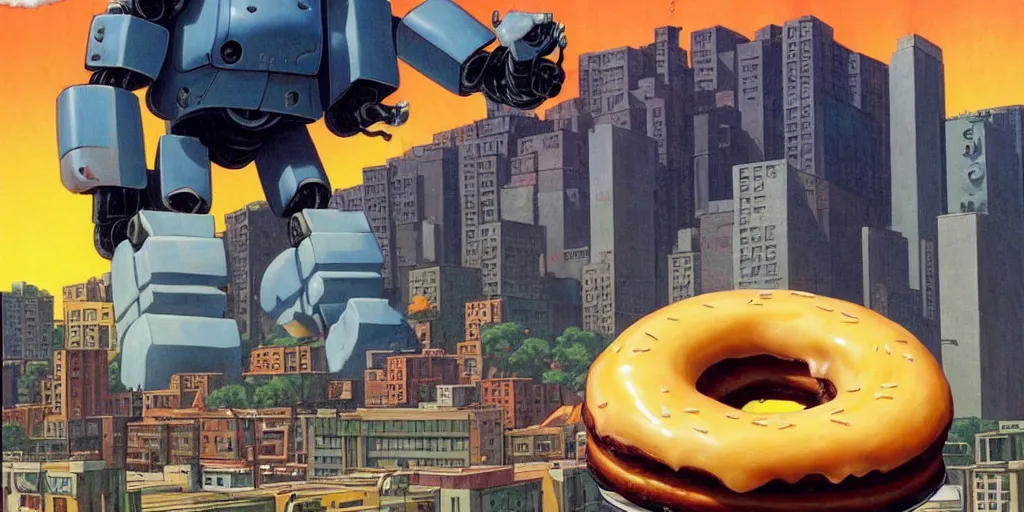 Prompt: Giant robot holding onto and eating a massive glazed donut that is almost as big as the robot, on top of one of the buildings is another giant donut, a building is on fire and smoking and a crushed car is under the foot of the giant robot by Richard Corben