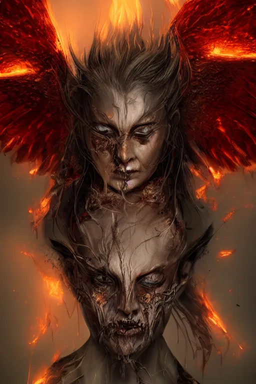 Image similar to character design, wraith rising from ember ashes, tattered demonic wings, ultra detailed, digital art, 8k ,character ,realistic, portrait, hyperrealistic