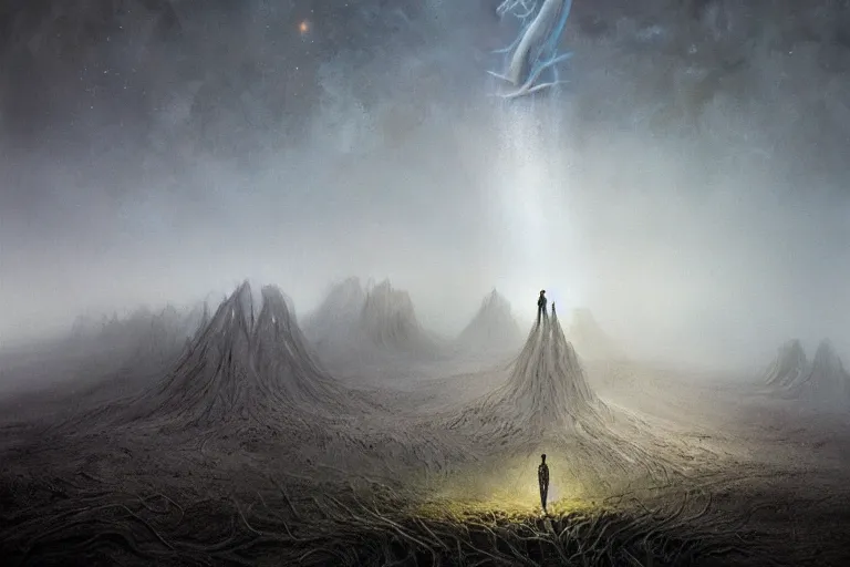 Image similar to prophecy, amazing concept painting by Jessica Rossier and HR giger and Beksinski, the middle of a valley; it was full of bones, bones that were very dry, there was a noise, a rattling sound, and the bones came together, bone to bone , I looked, and tendons and flesh appeared on them and skin covered them, but there was no breath in them and breath entered them, they came to life and stood up on their feet a vast army