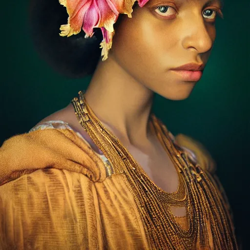 Image similar to kodak portra 4 0 0, 8 k, artstation, soft light, volumetric lighting, highly detailed, britt marling style 3 / 4 portrait photography of a beautiful woman pre - raphaelite, inspired by thandiwe muriu, royal woman wearing ornate art nouveau orchid headdress, realistic, refined, highly detailed