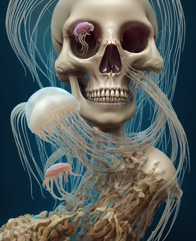 Image similar to goddess close - up portrait human skeleton, ram skull, jellyfish, orchid, betta fish, bioluminiscent, intricate artwork by tooth wu and wlop and beeple. octane render, trending on artstation, greg rutkowski very coherent symmetrical artwork. cinematic, hyper realism, high detail, octane render, 8 k