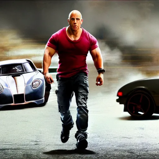 Prompt: vin diesel riding a toy car, action movie, movie scene, hd, 8 k, cinematic, car chase