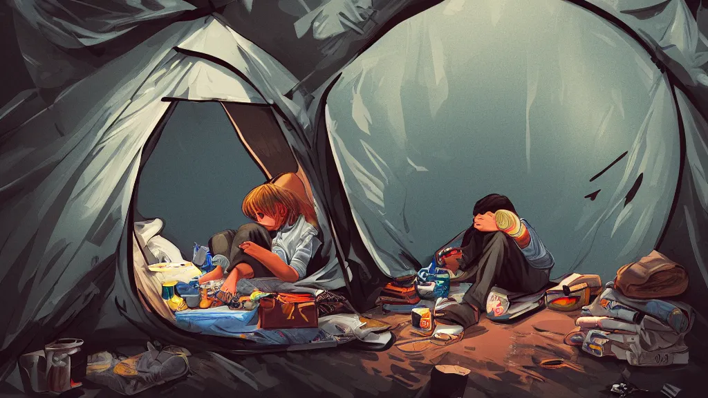 Prompt: an illustration of a sick teenage kid sitting in the door of his tent while camping, with his hands in his hair, fisheye lens, high contrast, highly detailed, sharp focus, digital painting, 3 d art, illustration, trending on artstation,