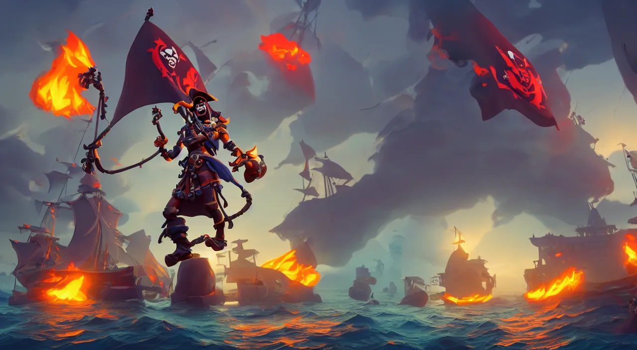 Prompt: a wide shot of a stylized 3D CGI fortnite pirate standing on the front of the ghost ship with the black Jolly Roger flag, the ghost ship is in the middle of the ocean, fantasy art overwatch and heartstone, by RHADS, cgsociety, artstation hq, octane render, 8k,