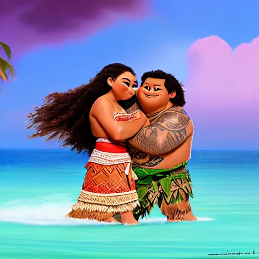 Prompt: Moana kissing Maui, concept art, digital art, Disney style-H 800