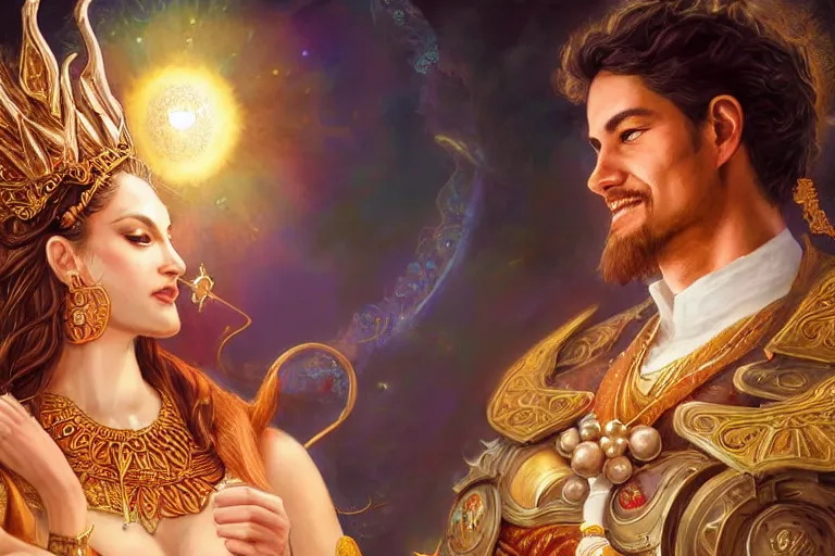 Image similar to close up moment of a divine a sun god and a moon goddess lovers magician at a wedding banquet, highly detailed, d & d, fantasy, highly detailed, digital painting, trending on artstation, concept art, sharp focus, illustration, art by artgerm and greg rutkowski and magali villeneuve