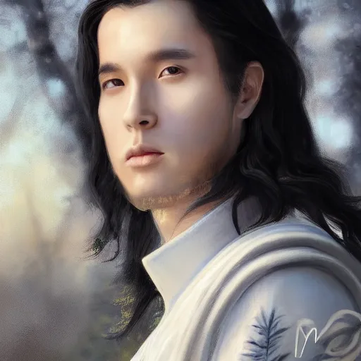 Image similar to a portrait of a young beautiful prince, golden eyes, long black hair, white hanfu, elegant, intricate, backlit, incredible lighting, strong rim light, subsurface scattering, photorealistic, epic beautiful landscape, cherry trees, highly detailed, digital painting, by Heise Jinyao, Heise-Lian Yan Fang, Feimo, Rossdraws, HDRI, vivid colors, high contrast, 8k