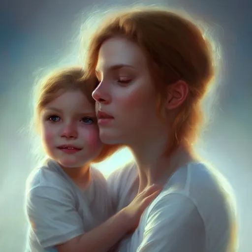 Prompt: love is patient love is kind, mother and child ; photorealistic oil painting by charlie bowater and mark blooms ; highly detailed cute faces by wlop ; trending on artstation