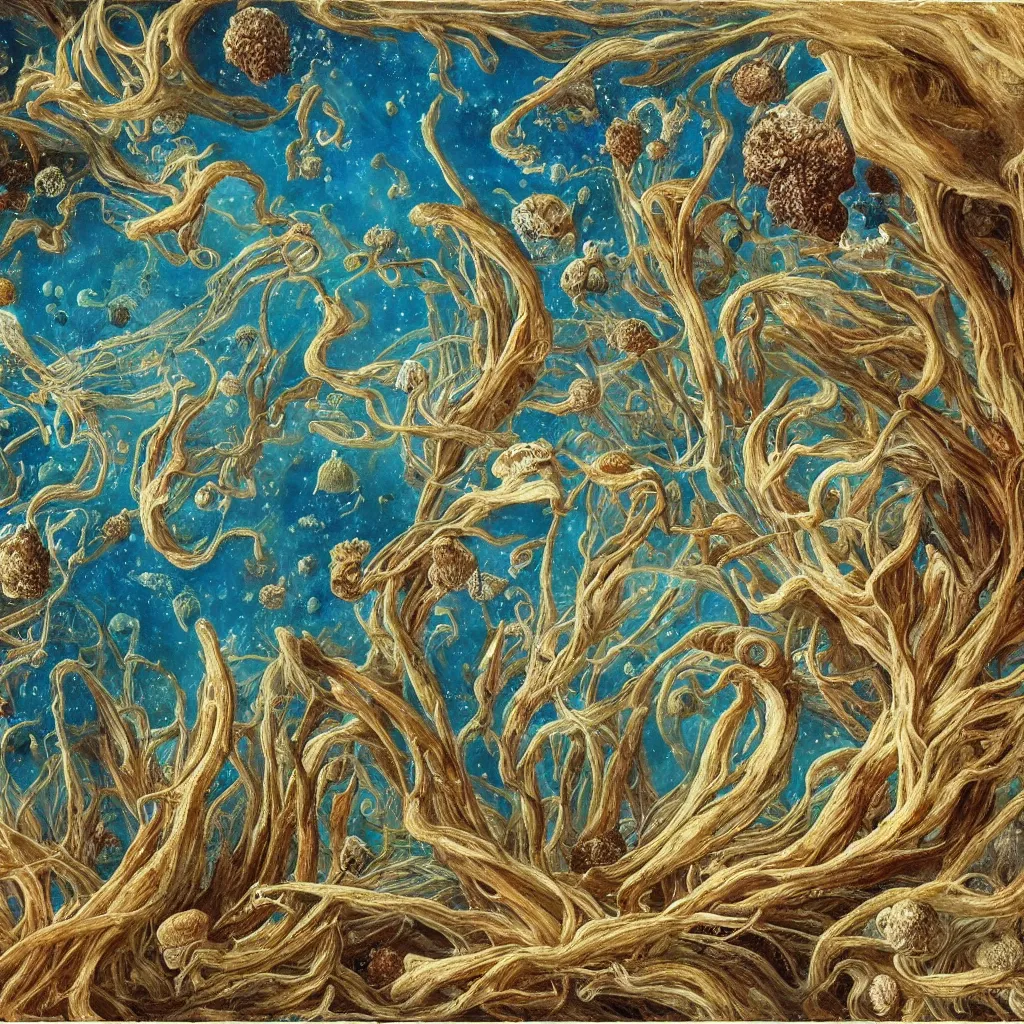 Image similar to beautiful and artistic mycelium on a fantastic planet and unusual inhabitants of the oceans, highly detailed, Allegorical Painting