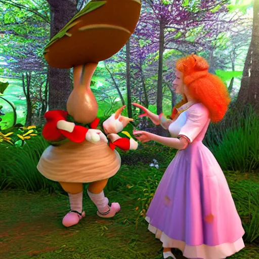 Image similar to photo of Alice in Wonderland encounter a 3d render emote in the forest