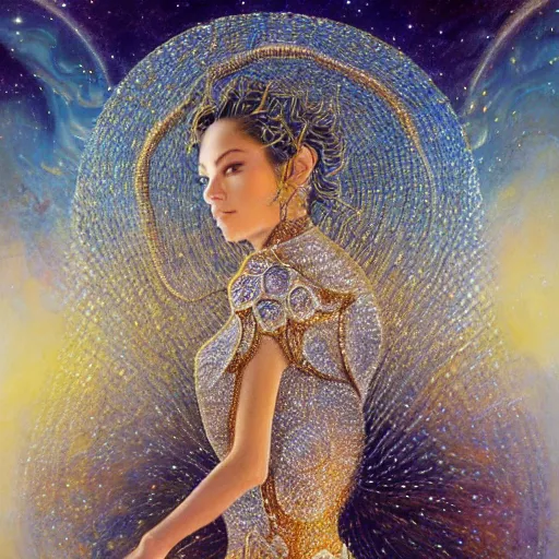 Image similar to full body made of diamonds , wearing a golden koftan ,thunder, shining light, nebulas, god rays by Karol Bak, Ayami Kojima, Amano and Olivier Ledroit
