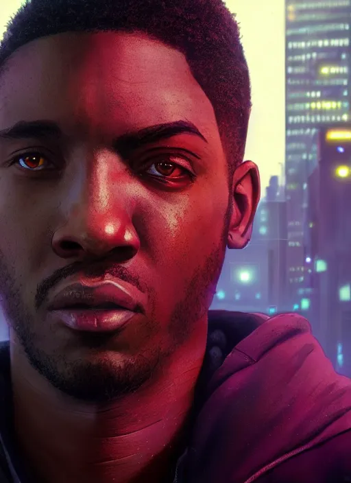 Image similar to Highly detailed portrait of Neonpunk Marques Brownlee, in GTA V, Stephen Bliss, unreal engine, fantasy art by Greg Rutkowski, Loish, Rhads, ferdinand knab, Makoto Shinkai and Lois van baarle, ilya kuvshinov, rossdraws, Tom Bagshaw, global illumination, radiant light, detailed and intricate environment