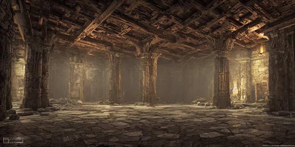 Image similar to ruins of a fantasy dwarven hall interior in the style of Lord of the Rings, very tall columns, wet floors, high ceiling, dark moody lighting, foggy atmosphere, bright colors, photo by Peter Jackson Dylan Cole and Denis Villeneuve, low angle view, octane rendering