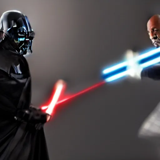 Image similar to dwayne johnson vs darth vador in a lightsaber fight, realistic, star wars