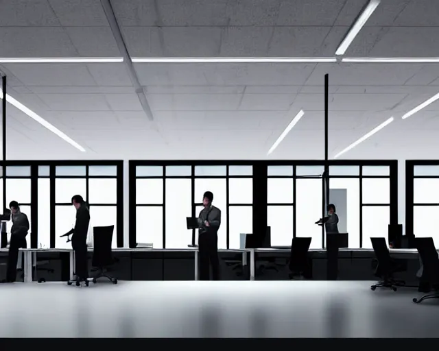 Image similar to a modern office with all the lights off, dark office. all the workers are standing up, staring blankly. a tall shadowy shape moves in the background. HD digital matte painting.