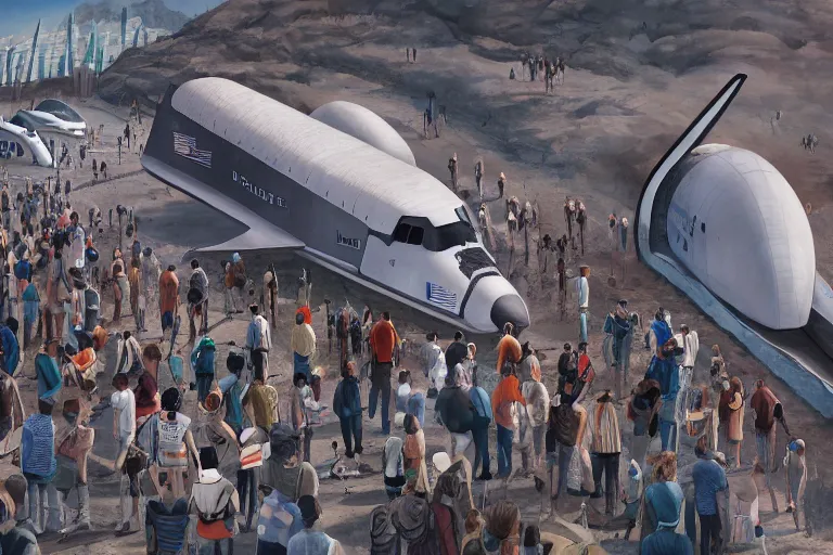 Prompt: close up view of last people on earth waiting to board the futuristic space shuttle in background, highly detailed, digital painting, artstation, concept art, smooth, sharp focus, illustration, art by mike winklemann and matt schu