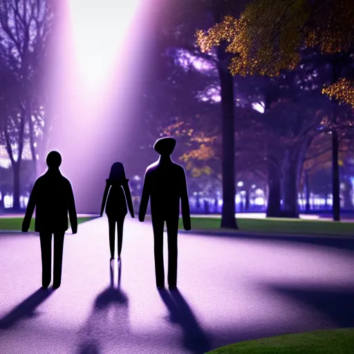 Image similar to shadow people walking in the park, made from the side, 2 d ultra realistic, lens flare, atmosphere, glow, detailed, intricate, full of colour, cinematic lighting, trending on artstation, 4 k, hyperrealistic, focused, extreme details, unreal engine 5, cinematic, masterpiece, ultra realistic, hyper realistic, highly detailed, sharp focus, digital art