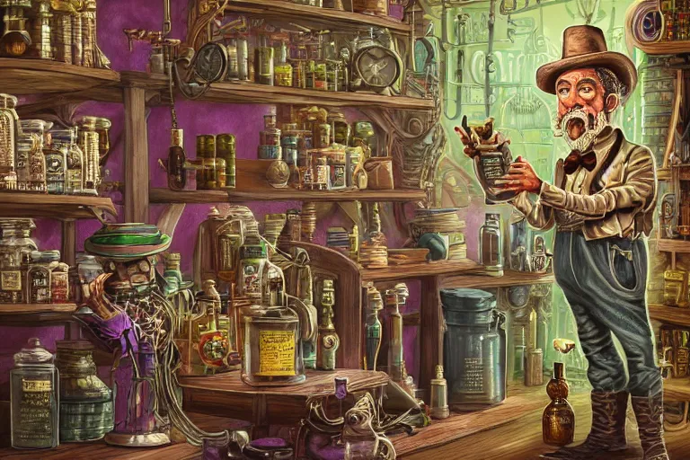 Image similar to Uncle Aloysius, snake oil salesman, wild west crypto pharmaceutical industrialist apothecary alchemist tinkerer engineer, cute, fantasy, intricate, elegant, highly detailed, digital painting, 4k, HDR, concept art, smooth, sharp focus, illustration, purple green color scheme, art by Ed Roth and H R Giger and Greg Rutowski and Lisa Frank