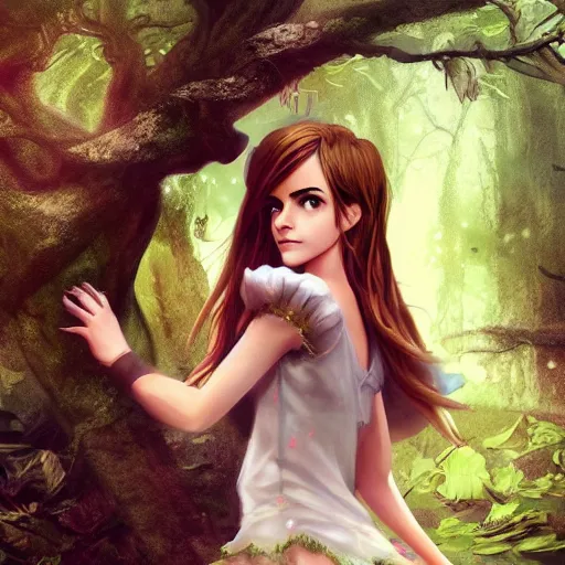Prompt: emma watson fairy girl posing in the forrest, concept art, anime girl, clean digital concept art, facing the camera