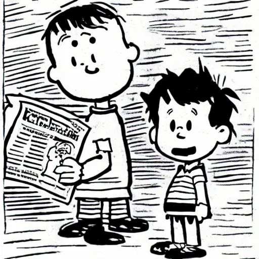 Prompt: charles schulz drawing of calvin and hobbes, newspaper comic strip, peanuts art style