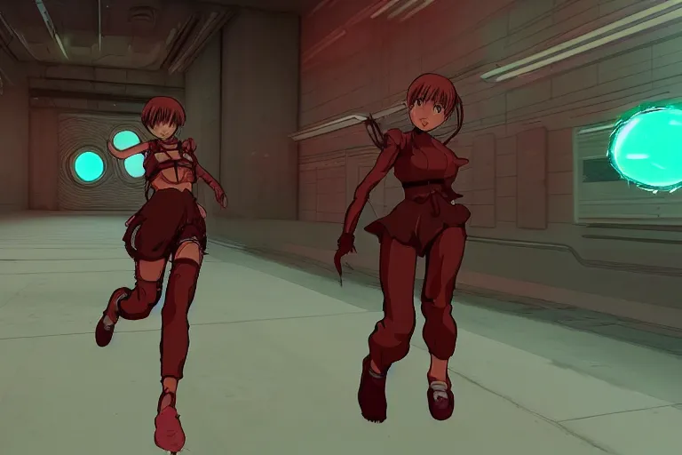 Prompt: an anime girl in a screenshot of the video game doom!!!!!!!, the anime girl is running