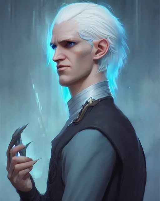 Image similar to character portrait of a slender young half elven man with white hair, piercing bright blue eyes, and pale blue skin, by greg rutkowski, mark brookes, jim burns, tom bagshaw, trending on artstation