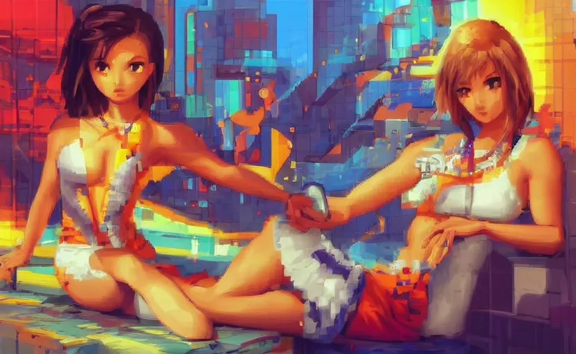 Prompt: Smooth. in the style of Close Highly detailed masterpiece professional artistry Sega, Namco, Neogeo, Capcom artist's Pixel-art. Trending on artstation. Slice-of-life genre art. Balanced colors and lighting scheme by James Gurney and artgerm. In the style of a 'Music to chill/study' to youtube video. Character sitting and relaxing in front of their work desk in their cozy room as a peaceful scene is seen through the room's window.