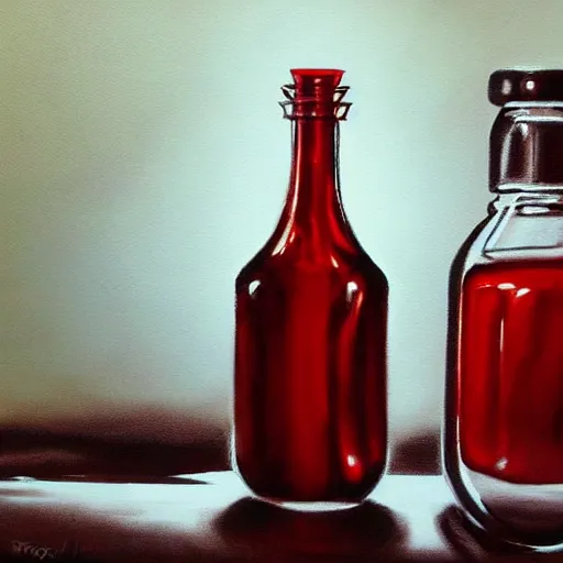 Prompt: painting of one health potion, red liquid, fantasy, concept art, sketch, glass, brown paper, dungeons and dragons, by tony diterlizzi, trending on artstation