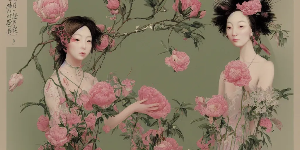 Image similar to breathtaking detailed concept art painting blend of few pink short hair goddesses of peonies flowers by hsiao - ron cheng with anxious piercing eyes, vintage illustration pattern with bizarre compositions blend of flowers and fruits and birds by beto val and john james audubon, exquisite detail, extremely moody lighting, 8 k