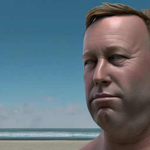 Image similar to hyperrealistic mixed media image of alex jones from info wars posing on a beach wearing a tutu, stunning 3 d render inspired art by istvan sandorfi and greg rutkowski, perfect facial symmetry, realistic, highly detailed attributes and atmosphere, dim volumetric cinematic lighting, 8 k octane extremely hyper - detailed render, post - processing, masterpiece,