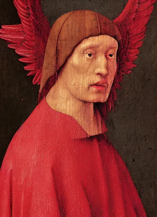 Image similar to profile of a fallen angel dressed in red with wings by Jan van Eyck, Hieronymus Bosch, Johannes Vermeer 4k post-processing, highly detailed medieval painting