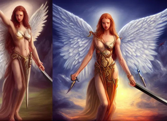 Image similar to a digital painting of an angel holding two swords, a digital rendering by jan tengnagel, fantasy art, deviantart uhd, deviantart, apocalypse art, ray tracing, highly detailed, high quality, 8 k resolution