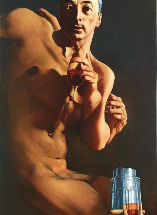 Prompt: upper body portrait of udo kier drinking a pint of moretti beer, by frank frazetta and lawrence alma-tadema and zdzislaw beksinski and norman rockwell and jack kirby