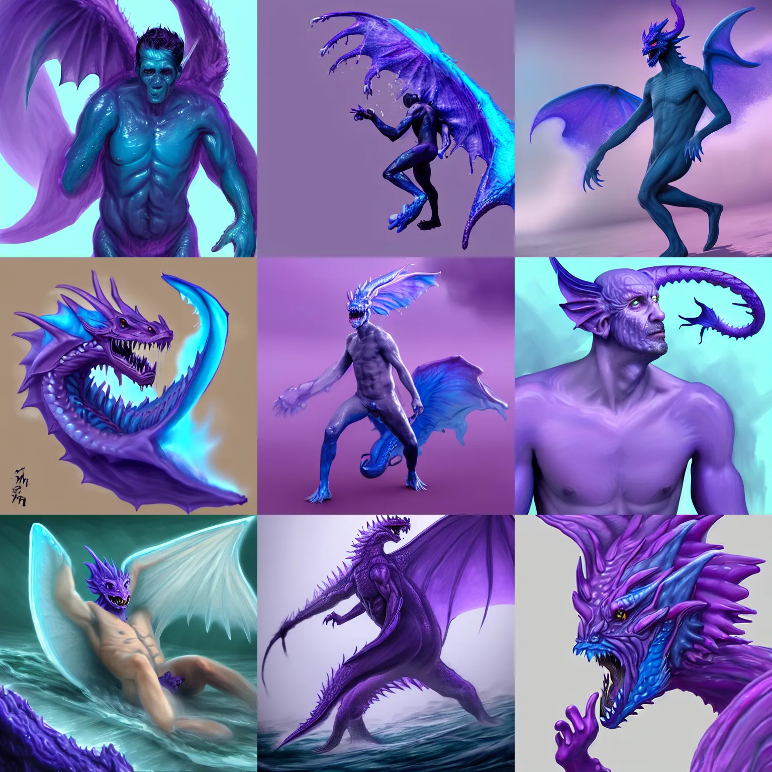 Prompt: man getting hit by a small wave of blue goo, transforming him into a violet human - dragon - hybrid, digital art, concept art, tail, wings, trending on artstation, gooey, highly detailed, slimey, 8 k hd, d & d