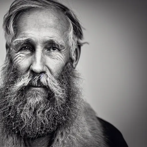 Prompt: portrait of old man from alaska with beard, black and white, art station, 3 5 mm lens
