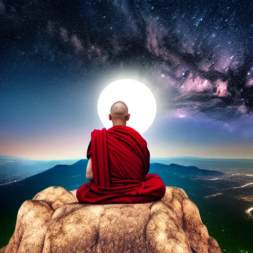 Image similar to high definition render of a monk on top of a mountain, full moon, milky way, galaxy, buddhism, 8 k, symbolic, global illumination, raytracing