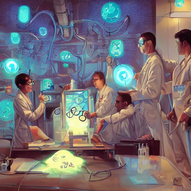 Prompt: engineers and scientists in labcoats confront a malevolent computer, glowing digital runes, panic, ross tran, ( futurism ), rhads!!!, james gurney, ( art fitzpatrick ), ( asaf hanuka ), ( ( barclay shaw ) ), ominous, saturday morning cartoon, clean linework, western animation